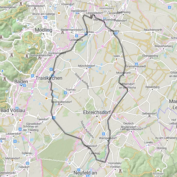 Miniaturní mapa "Moosbrunn a Schloss Leopoldsdorf" inspirace pro cyklisty v oblasti Niederösterreich, Austria. Vytvořeno pomocí plánovače tras Tarmacs.app