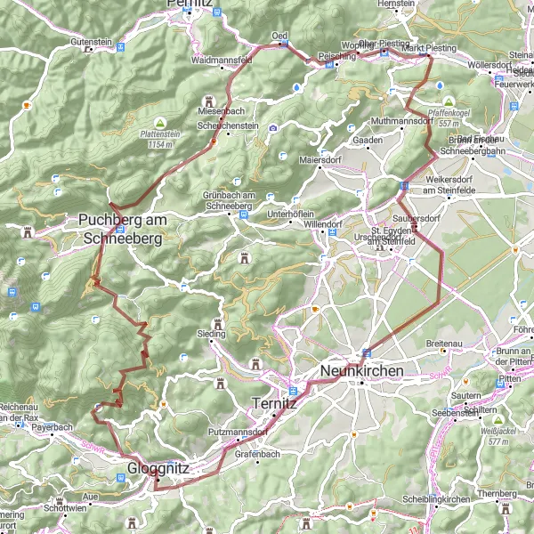 Miniatura della mappa di ispirazione al ciclismo "Percorso in gravel attorno a Markt Piesting" nella regione di Niederösterreich, Austria. Generata da Tarmacs.app, pianificatore di rotte ciclistiche