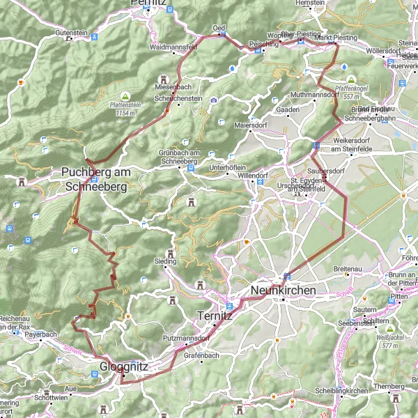 Map miniature of "Challenging Gravel Adventure" cycling inspiration in Niederösterreich, Austria. Generated by Tarmacs.app cycling route planner