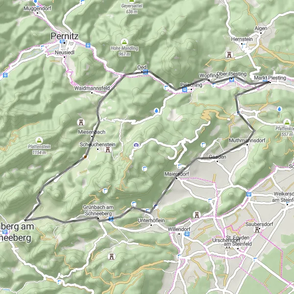 Miniatura della mappa di ispirazione al ciclismo "Circuito ciclistico panoramico da Markt Piesting" nella regione di Niederösterreich, Austria. Generata da Tarmacs.app, pianificatore di rotte ciclistiche