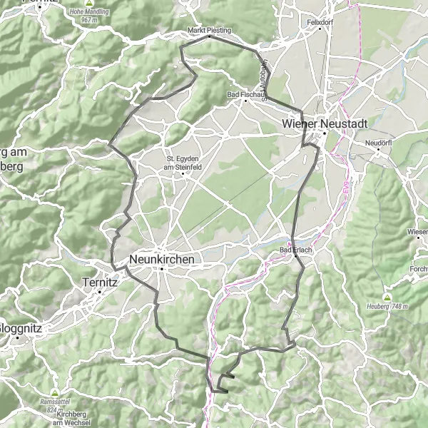 Miniaturní mapa "Silniční kola okolo Markt Piestingu" inspirace pro cyklisty v oblasti Niederösterreich, Austria. Vytvořeno pomocí plánovače tras Tarmacs.app