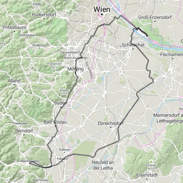 Miniatua del mapa de inspiración ciclista "Ruta de los Palacios y Castillos de Baja Austria" en Niederösterreich, Austria. Generado por Tarmacs.app planificador de rutas ciclistas