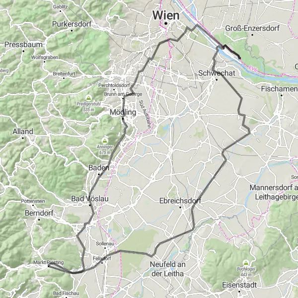 Miniatura della mappa di ispirazione al ciclismo "Esperienza ciclistica straordinaria tra Mödling e Pottendorf" nella regione di Niederösterreich, Austria. Generata da Tarmacs.app, pianificatore di rotte ciclistiche