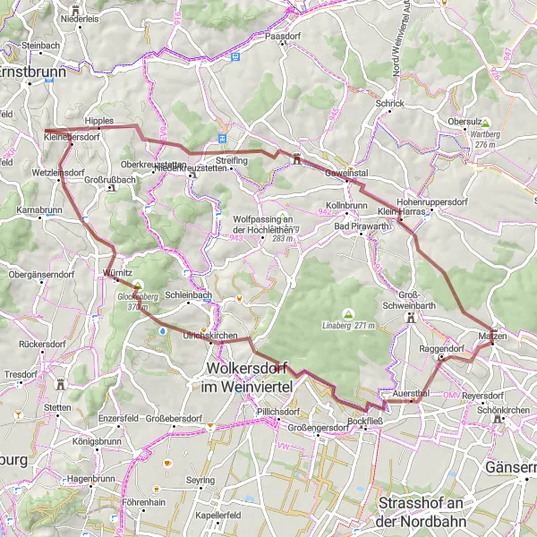 Miniature de la carte de l'inspiration cycliste "Le tour gravel de Gaweinstal " dans la Niederösterreich, Austria. Générée par le planificateur d'itinéraire cycliste Tarmacs.app