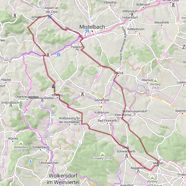 Miniatua del mapa de inspiración ciclista "Ruta de Ciclismo de Grava por Matzen" en Niederösterreich, Austria. Generado por Tarmacs.app planificador de rutas ciclistas