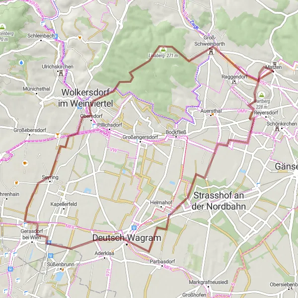 Miniatua del mapa de inspiración ciclista "Aventura por los caminos de Schloss Matzen" en Niederösterreich, Austria. Generado por Tarmacs.app planificador de rutas ciclistas