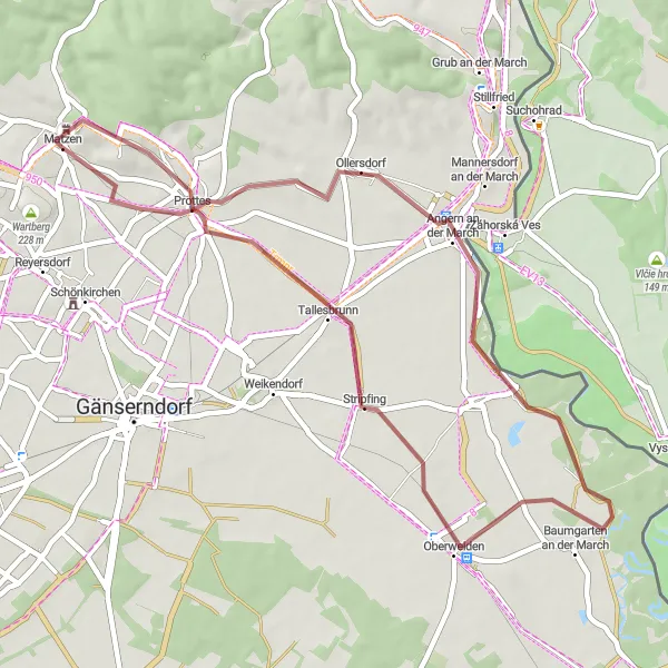 Karttaminiaatyyri "Matzen - Baumgarten an der March - Stripfing Gravel Cycling Route" pyöräilyinspiraatiosta alueella Niederösterreich, Austria. Luotu Tarmacs.app pyöräilyreittisuunnittelijalla