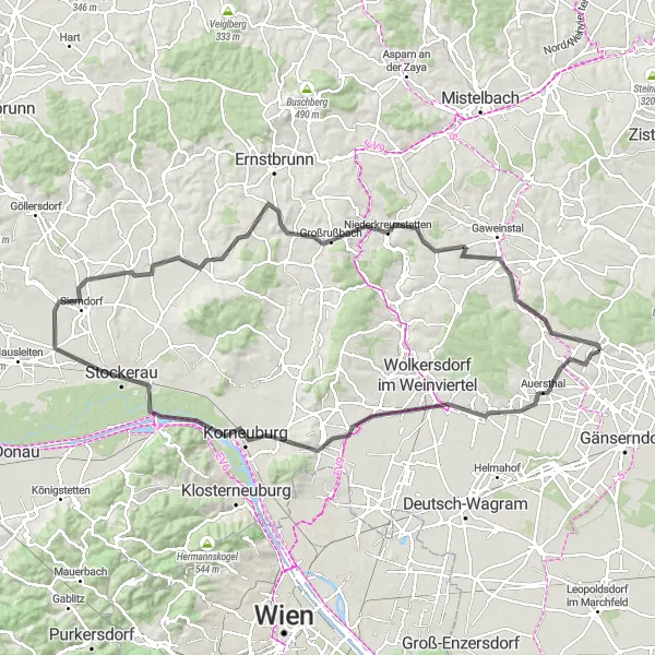 Miniature de la carte de l'inspiration cycliste "La boucle du château de Matzen" dans la Niederösterreich, Austria. Générée par le planificateur d'itinéraire cycliste Tarmacs.app