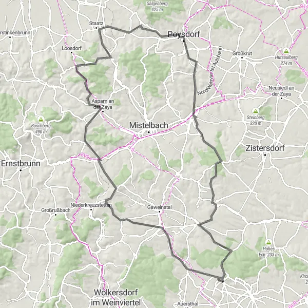Miniatua del mapa de inspiración ciclista "Desafío en Bicicleta por Glaubersberg y Poysdorf" en Niederösterreich, Austria. Generado por Tarmacs.app planificador de rutas ciclistas
