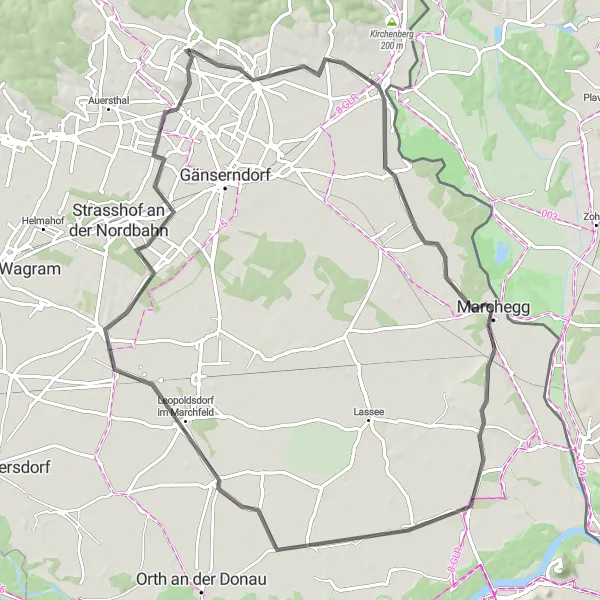 Miniatua del mapa de inspiración ciclista "Ruta en Carretera por Marchegg y Glinzendorf" en Niederösterreich, Austria. Generado por Tarmacs.app planificador de rutas ciclistas