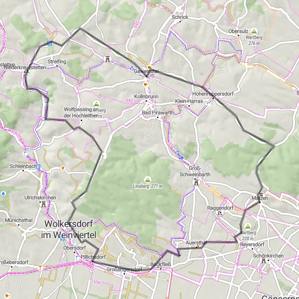 Miniatua del mapa de inspiración ciclista "Exploración en Carretera por Niederkreuzstetten y Hohenruppersdorf" en Niederösterreich, Austria. Generado por Tarmacs.app planificador de rutas ciclistas