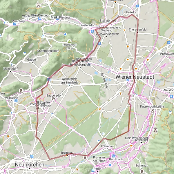 Zemljevid v pomanjšavi "Gravel Potovanje skozi zgodovinsko regijo" kolesarske inspiracije v Niederösterreich, Austria. Generirano z načrtovalcem kolesarskih poti Tarmacs.app