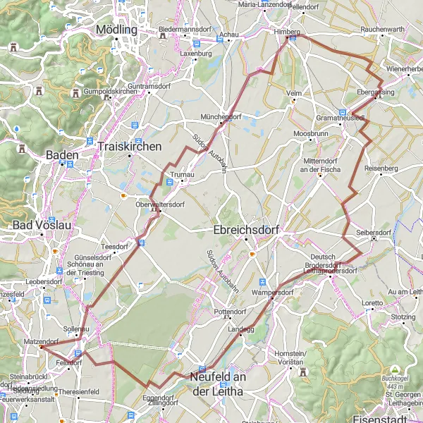 Miniatua del mapa de inspiración ciclista "Ruta de ciclismo de grava desde Matzendorf" en Niederösterreich, Austria. Generado por Tarmacs.app planificador de rutas ciclistas