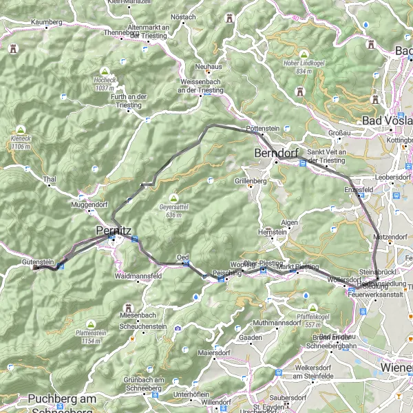 Miniatura della mappa di ispirazione al ciclismo "Tra Castelli e Valli in Bicicletta" nella regione di Niederösterreich, Austria. Generata da Tarmacs.app, pianificatore di rotte ciclistiche