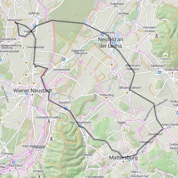 Miniatua del mapa de inspiración ciclista "Ruta de ciclismo de ruta desde Matzendorf" en Niederösterreich, Austria. Generado por Tarmacs.app planificador de rutas ciclistas