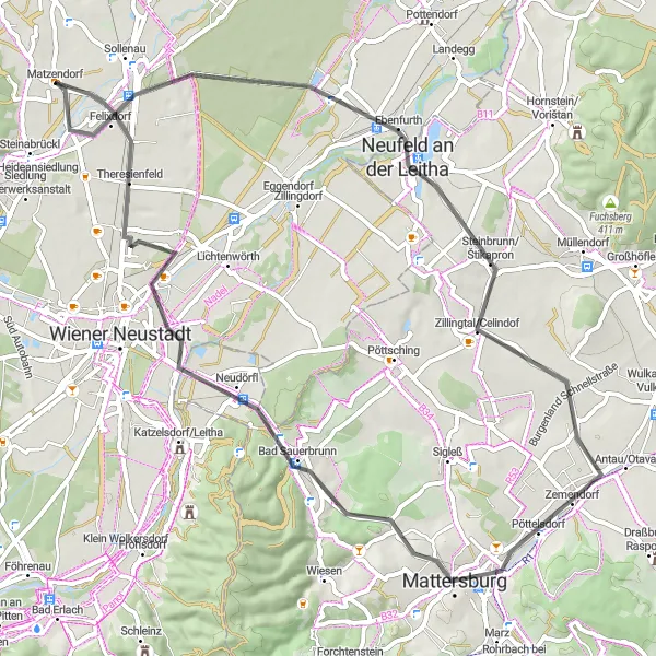 Map miniature of "Matzendorf Road Ride" cycling inspiration in Niederösterreich, Austria. Generated by Tarmacs.app cycling route planner