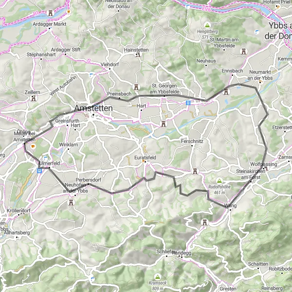 Map miniature of "The Amstetten Scenic Road Cycling Route" cycling inspiration in Niederösterreich, Austria. Generated by Tarmacs.app cycling route planner
