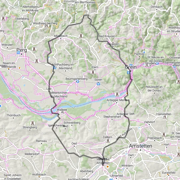 Map miniature of "The Wallsee Nature Road Cycling Route" cycling inspiration in Niederösterreich, Austria. Generated by Tarmacs.app cycling route planner