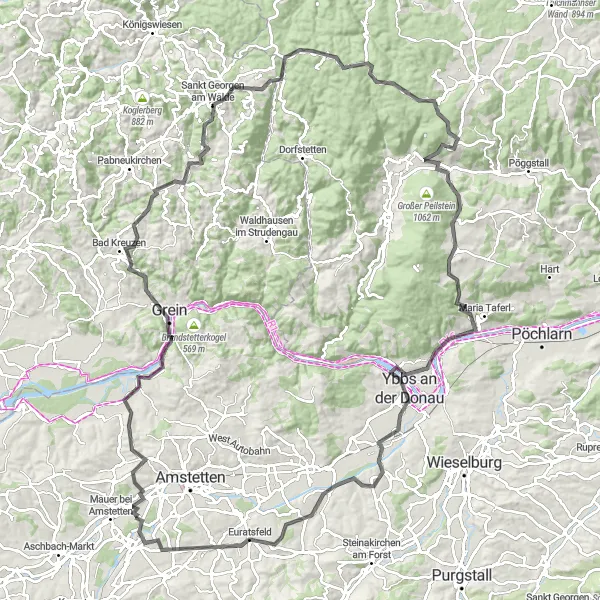 Kartminiatyr av "Donauschlinge Tour" sykkelinspirasjon i Niederösterreich, Austria. Generert av Tarmacs.app sykkelrutoplanlegger