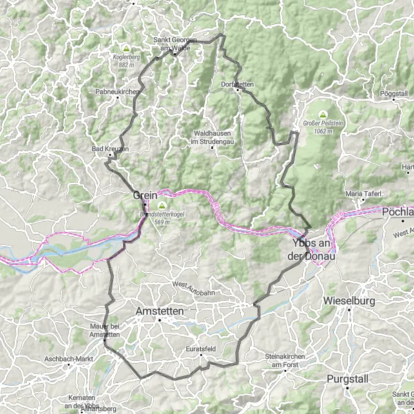 Map miniature of "The Amstetten Hills" cycling inspiration in Niederösterreich, Austria. Generated by Tarmacs.app cycling route planner