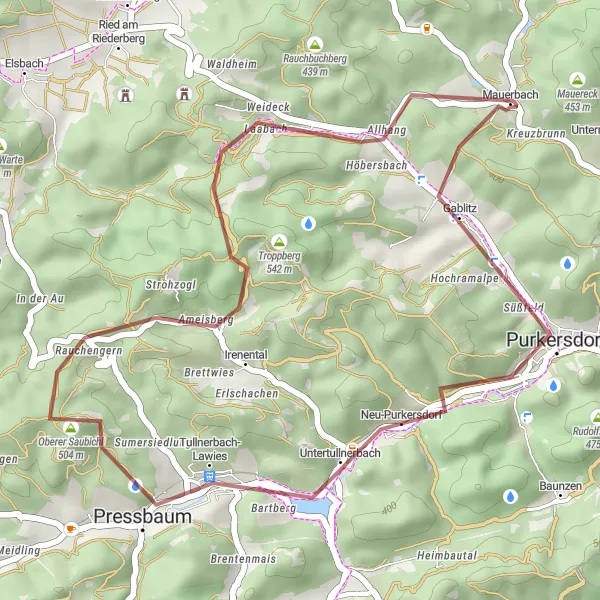 Miniatura della mappa di ispirazione al ciclismo "Tra Boschi e Villaggi" nella regione di Niederösterreich, Austria. Generata da Tarmacs.app, pianificatore di rotte ciclistiche