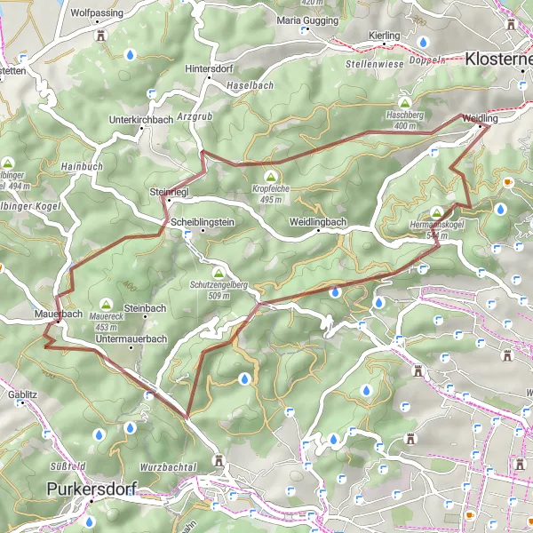 Miniaturekort af cykelinspirationen "Grusvej cykelrute til Hohe Wand" i Niederösterreich, Austria. Genereret af Tarmacs.app cykelruteplanlægger