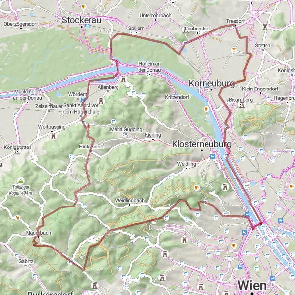 Karten-Miniaturansicht der Radinspiration "Gravel-Abenteuer rund um Mauerbach" in Niederösterreich, Austria. Erstellt vom Tarmacs.app-Routenplaner für Radtouren