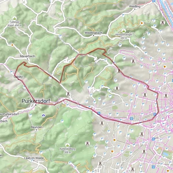 Karttaminiaatyyri "Mauerbach - Schonbrunn Palace Gravel Ride" pyöräilyinspiraatiosta alueella Niederösterreich, Austria. Luotu Tarmacs.app pyöräilyreittisuunnittelijalla