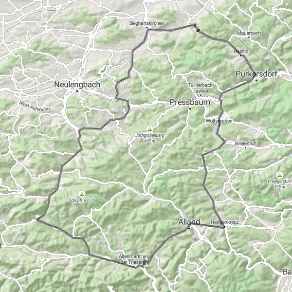 Miniatura della mappa di ispirazione al ciclismo "Percorso ciclistico avventuroso nei dintorni di Mauerbach" nella regione di Niederösterreich, Austria. Generata da Tarmacs.app, pianificatore di rotte ciclistiche