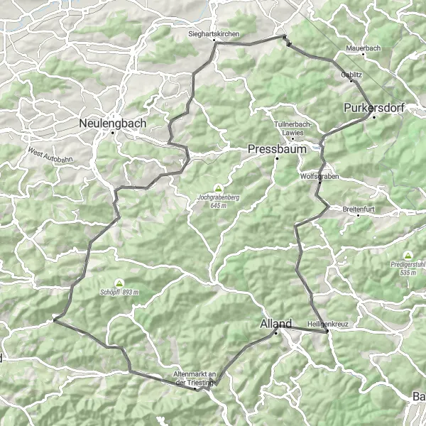 Miniaturekort af cykelinspirationen "Udforsk Purkersdorf og Heiligenkreuz på denne cykeltur" i Niederösterreich, Austria. Genereret af Tarmacs.app cykelruteplanlægger