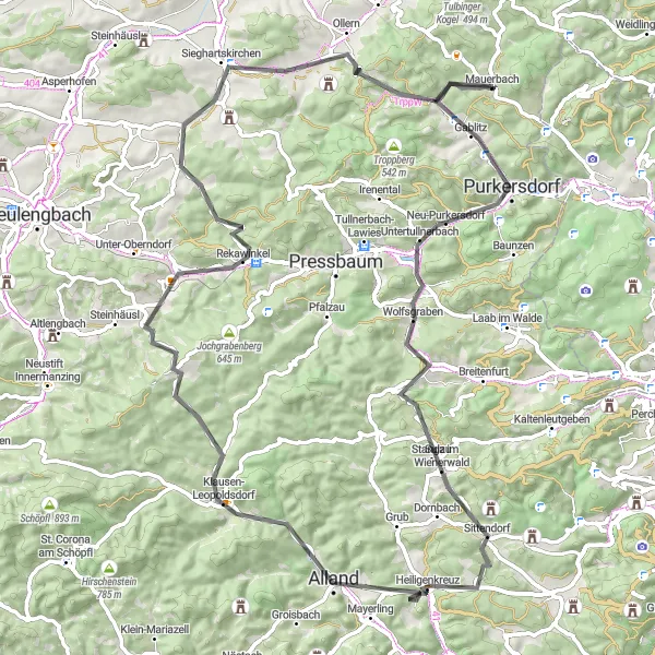 Zemljevid v pomanjšavi "Road Mauerbach - Klosterruine Explorer" kolesarske inspiracije v Niederösterreich, Austria. Generirano z načrtovalcem kolesarskih poti Tarmacs.app