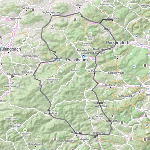 Map miniature of "Hilly Exploration" cycling inspiration in Niederösterreich, Austria. Generated by Tarmacs.app cycling route planner