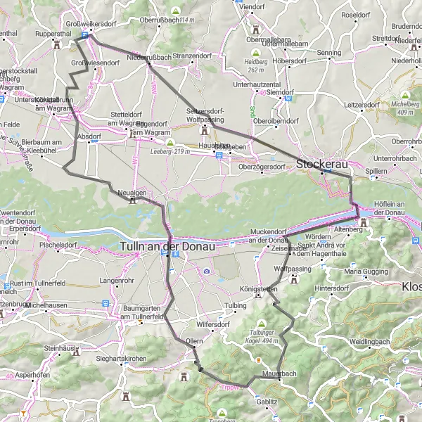 Miniaturní mapa "Poznávací cykloturistika kolem Stockerau" inspirace pro cyklisty v oblasti Niederösterreich, Austria. Vytvořeno pomocí plánovače tras Tarmacs.app
