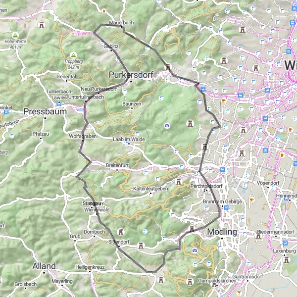 Kartminiatyr av "Slott och natur runt Mauerbach" cykelinspiration i Niederösterreich, Austria. Genererad av Tarmacs.app cykelruttplanerare