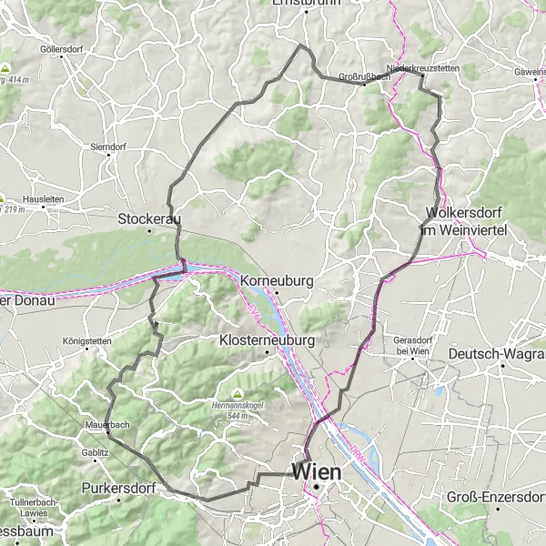 Miniatua del mapa de inspiración ciclista "Ruta de ciclismo de carretera hacia Ottakring" en Niederösterreich, Austria. Generado por Tarmacs.app planificador de rutas ciclistas