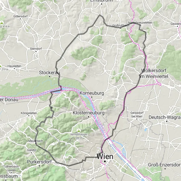 Kartminiatyr av "Malerisk Mauerbach til Hühnersteigberg Sykkeltur" sykkelinspirasjon i Niederösterreich, Austria. Generert av Tarmacs.app sykkelrutoplanlegger