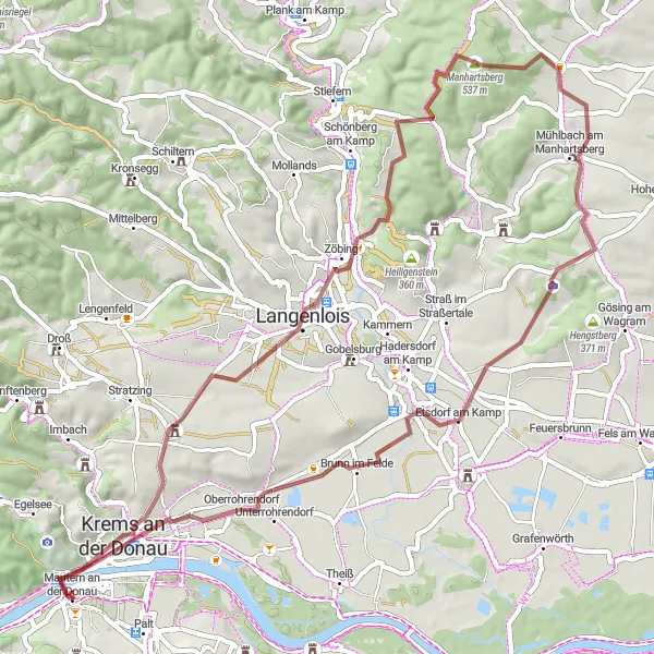 Map miniature of "Rebentor and Schloss Mautern Gravel Route" cycling inspiration in Niederösterreich, Austria. Generated by Tarmacs.app cycling route planner