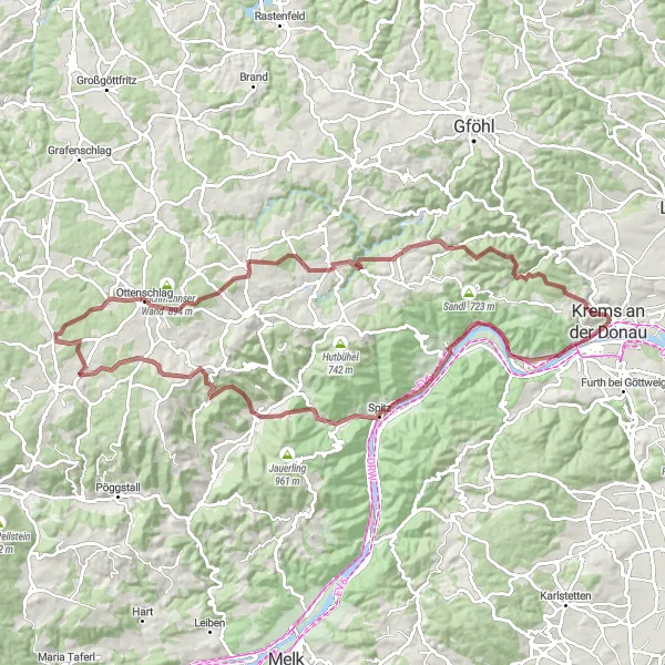Miniatua del mapa de inspiración ciclista "Ruta desafiante por colinas y castillos" en Niederösterreich, Austria. Generado por Tarmacs.app planificador de rutas ciclistas
