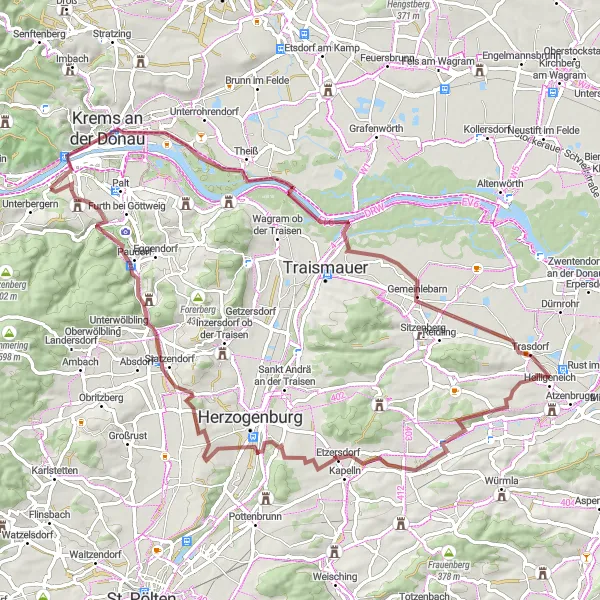 Miniatura della mappa di ispirazione al ciclismo "Tra Fiume e Montagne" nella regione di Niederösterreich, Austria. Generata da Tarmacs.app, pianificatore di rotte ciclistiche