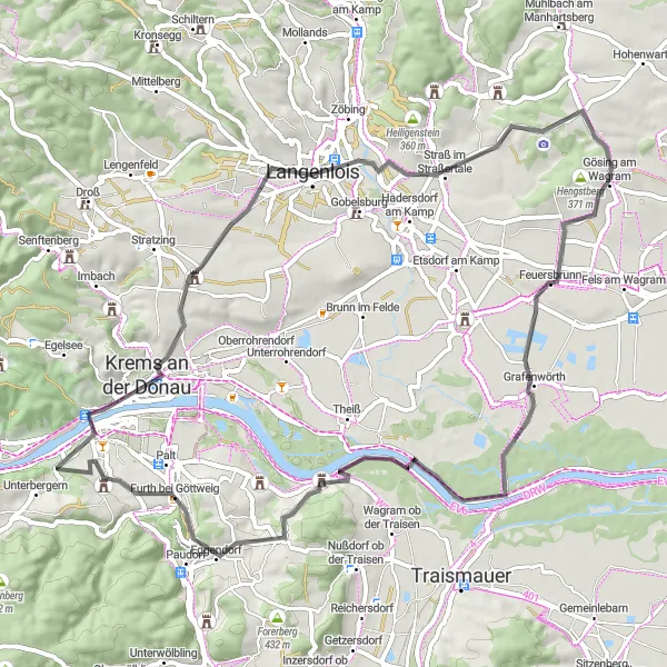 Miniatura della mappa di ispirazione al ciclismo "Percorso in bicicletta gravel da Mautern a Hundsheim" nella regione di Niederösterreich, Austria. Generata da Tarmacs.app, pianificatore di rotte ciclistiche