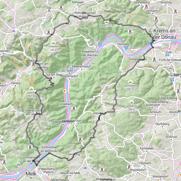 Mapa miniatúra "Z Mautern do Jauerlingu a zpět" cyklistická inšpirácia v Niederösterreich, Austria. Vygenerované cyklistickým plánovačom trás Tarmacs.app