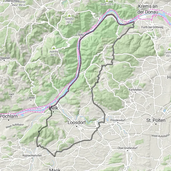 Miniature de la carte de l'inspiration cycliste "Tour du château de la vallée de la Wachau" dans la Niederösterreich, Austria. Générée par le planificateur d'itinéraire cycliste Tarmacs.app