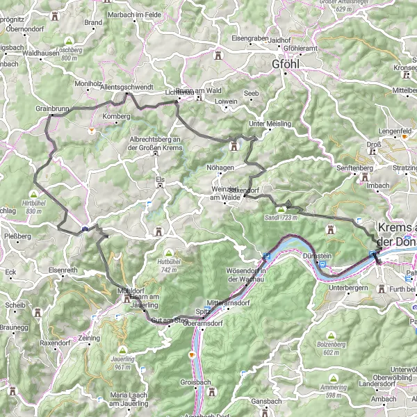 Miniatua del mapa de inspiración ciclista "Ruta del Danubio y castillos" en Niederösterreich, Austria. Generado por Tarmacs.app planificador de rutas ciclistas