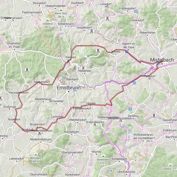 Kartminiatyr av "Gravelslinga runt Mistelbach" cykelinspiration i Niederösterreich, Austria. Genererad av Tarmacs.app cykelruttplanerare