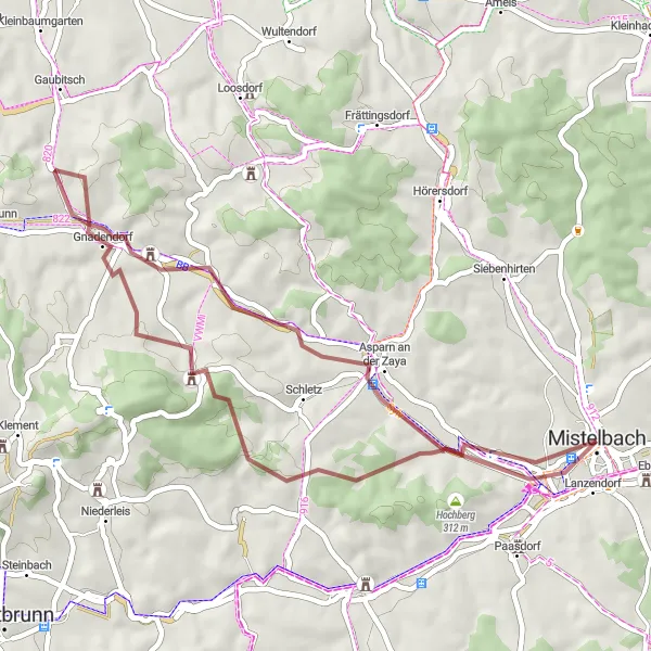 Miniaturní mapa "Asparn an der Zaya - Mistelbach Gravel Route" inspirace pro cyklisty v oblasti Niederösterreich, Austria. Vytvořeno pomocí plánovače tras Tarmacs.app