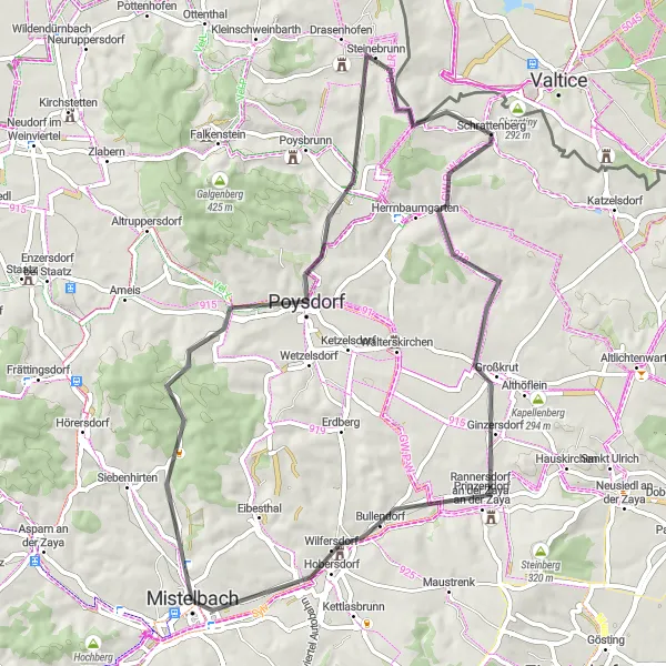 Mapa miniatúra "Cyklistický okruh cez Goldberg a Liechtenstein Schloss Wilfersdorf" cyklistická inšpirácia v Niederösterreich, Austria. Vygenerované cyklistickým plánovačom trás Tarmacs.app