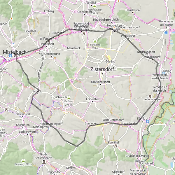 Map miniature of "Wilfersdorf and Hohenruppersdorf Loop" cycling inspiration in Niederösterreich, Austria. Generated by Tarmacs.app cycling route planner