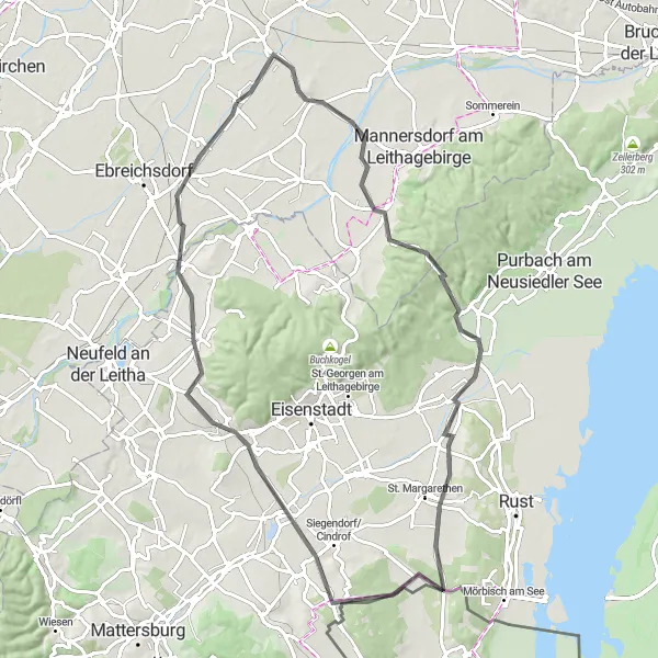 Map miniature of "Leithaberg Challenge" cycling inspiration in Niederösterreich, Austria. Generated by Tarmacs.app cycling route planner