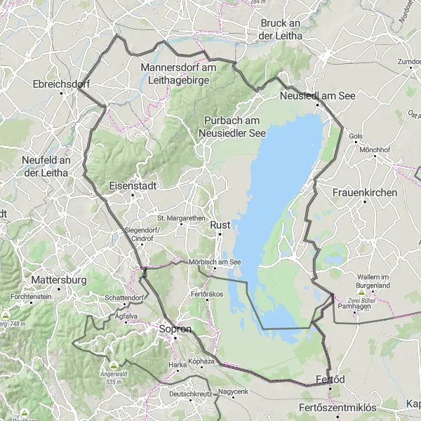 Map miniature of "Lake Neusiedl and Fertőd Adventure" cycling inspiration in Niederösterreich, Austria. Generated by Tarmacs.app cycling route planner