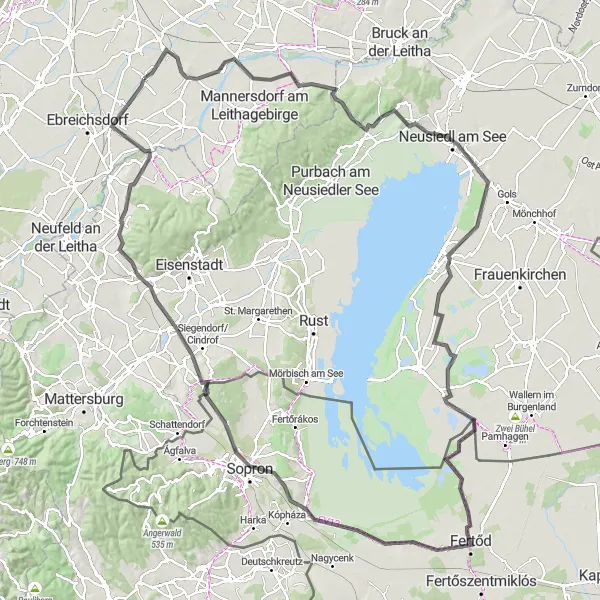 Miniatura della mappa di ispirazione al ciclismo "Avventura ciclistica tra Apetlon e Fertőd" nella regione di Niederösterreich, Austria. Generata da Tarmacs.app, pianificatore di rotte ciclistiche